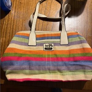 Coach Multicolor Horizontal Stripe Canvas Tote with Cream Handles